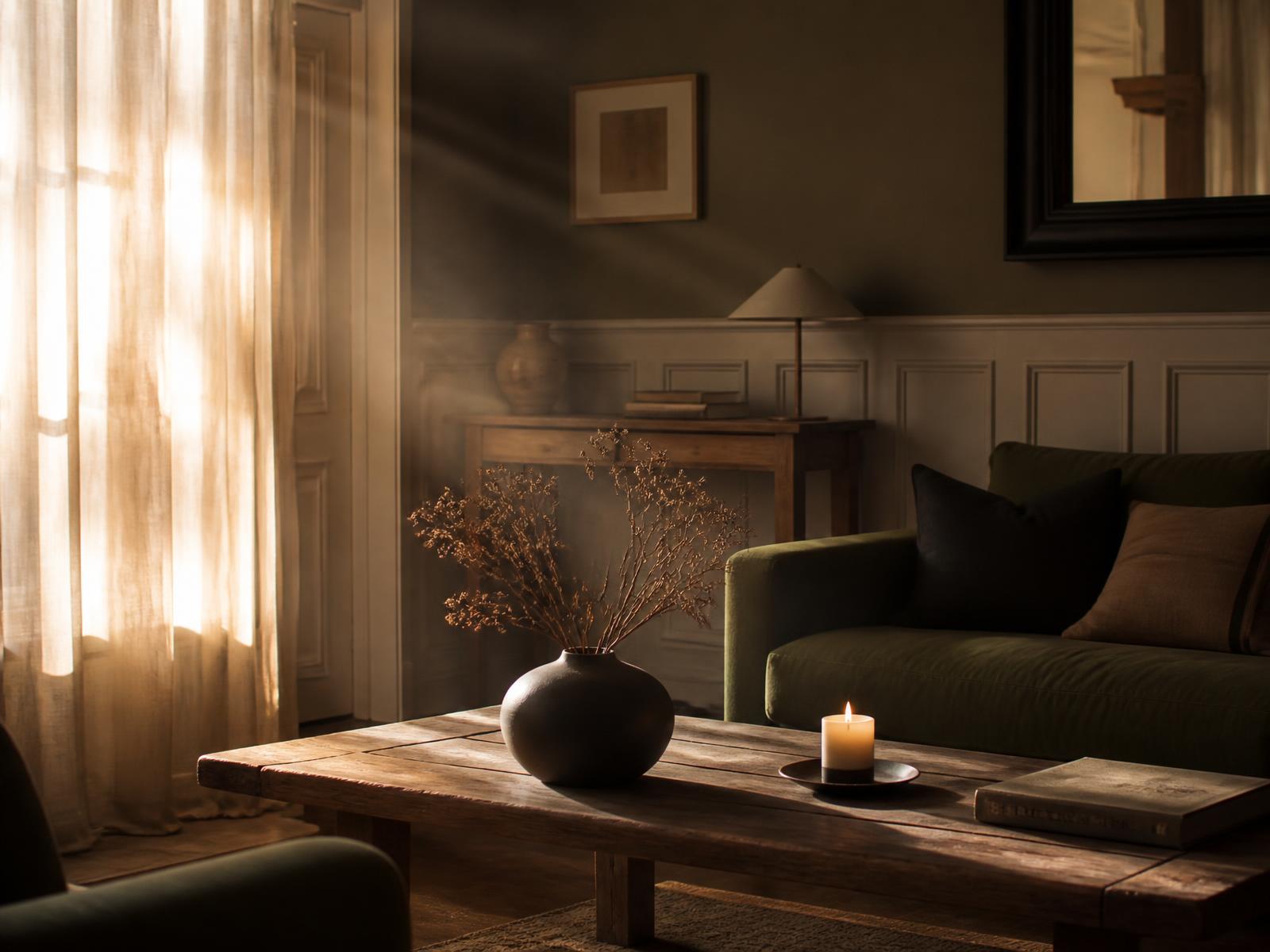 Salon baigné de lumière dorée en fin de journée